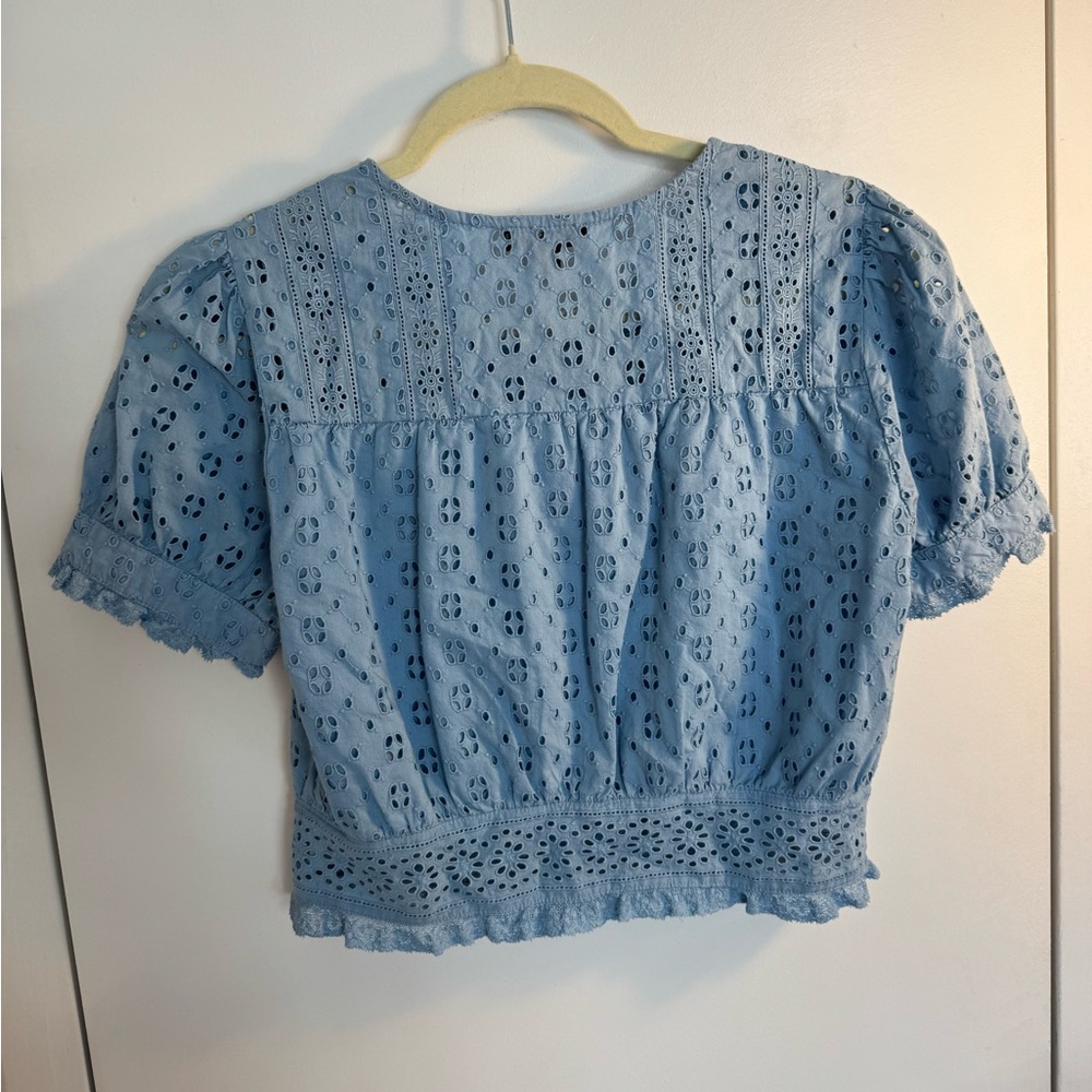 J. Crew Hydrangea color Eyelet Puff Sleeve Blouse - Picture 3 of 5